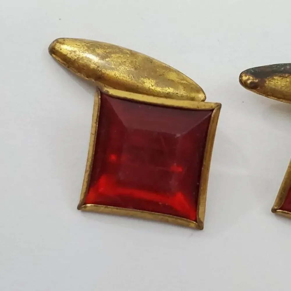 Vintage Red Cuff Links Gold Tone Square Plastic‎ R